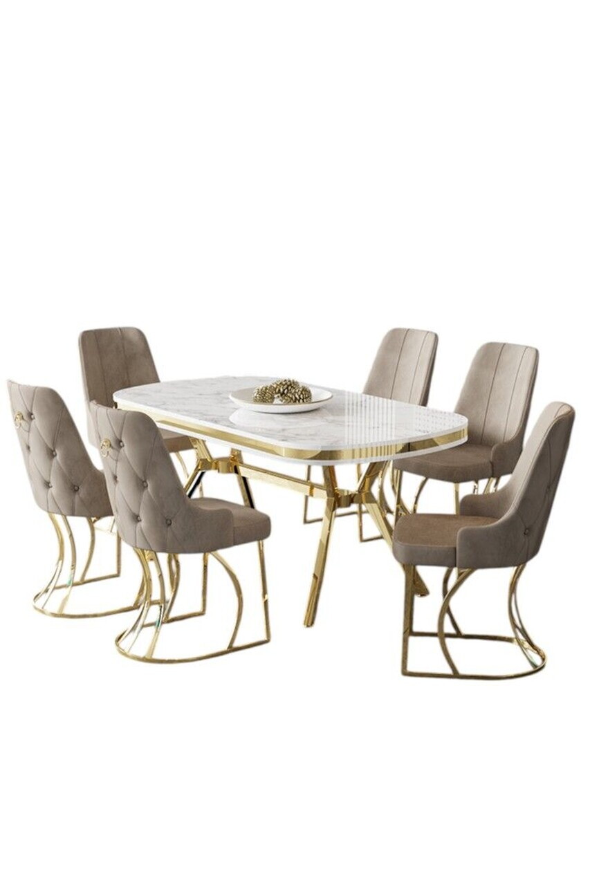 Set masa si scaune (7 piese), Hanah Home, Epal, Model de marmură albă / Auriu / Cappuccino — imaginea 2