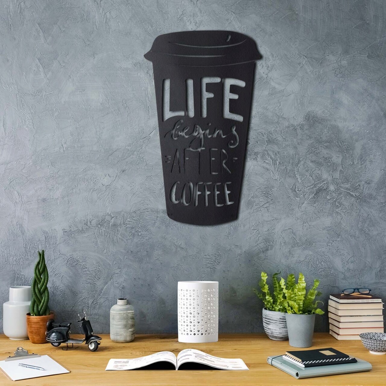 Decoratiune de perete, Coffee Cup, Metal, Dimensiune: 50 x 30 cm, Negru
