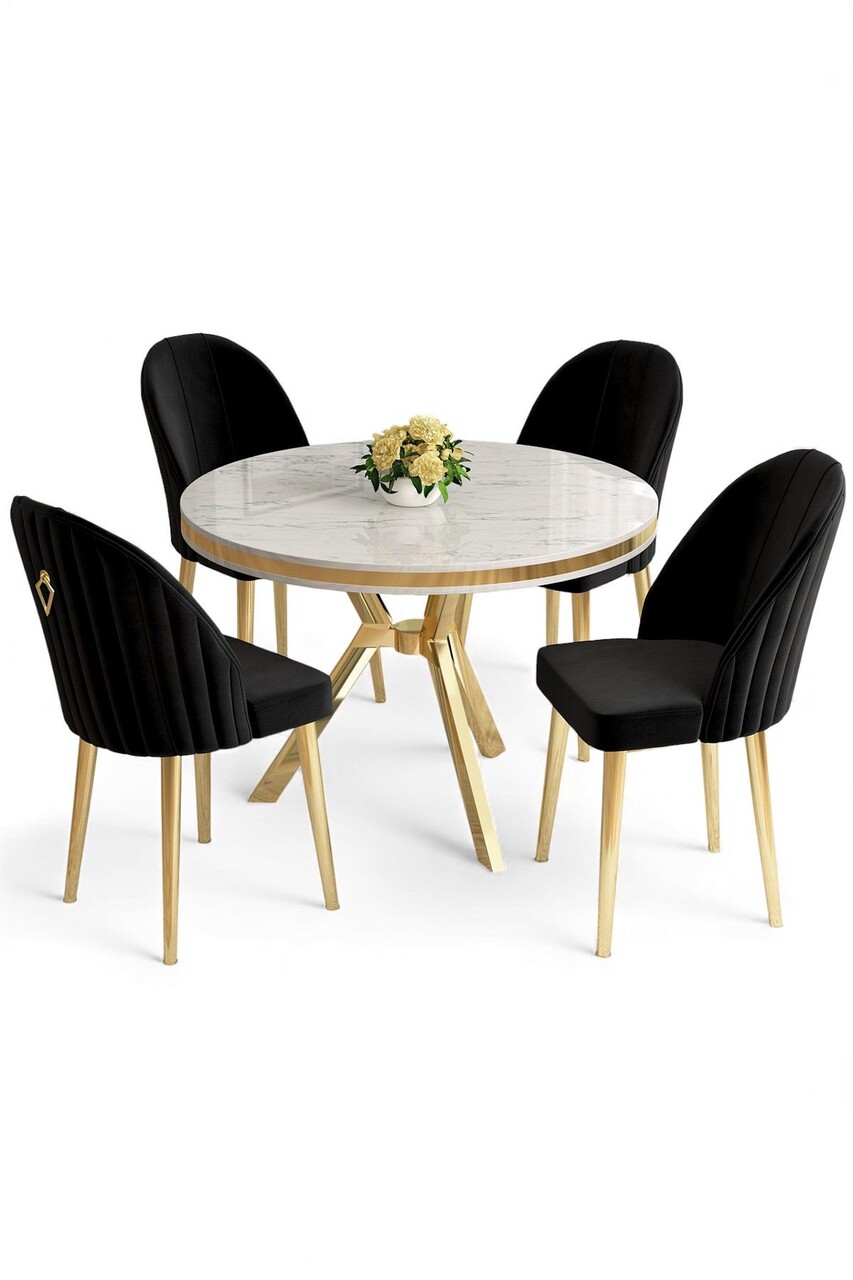 Set masă și scaune (5 bucăți), Hanah Home, Mos, Marmură albă / Auriu / Negru - view 2