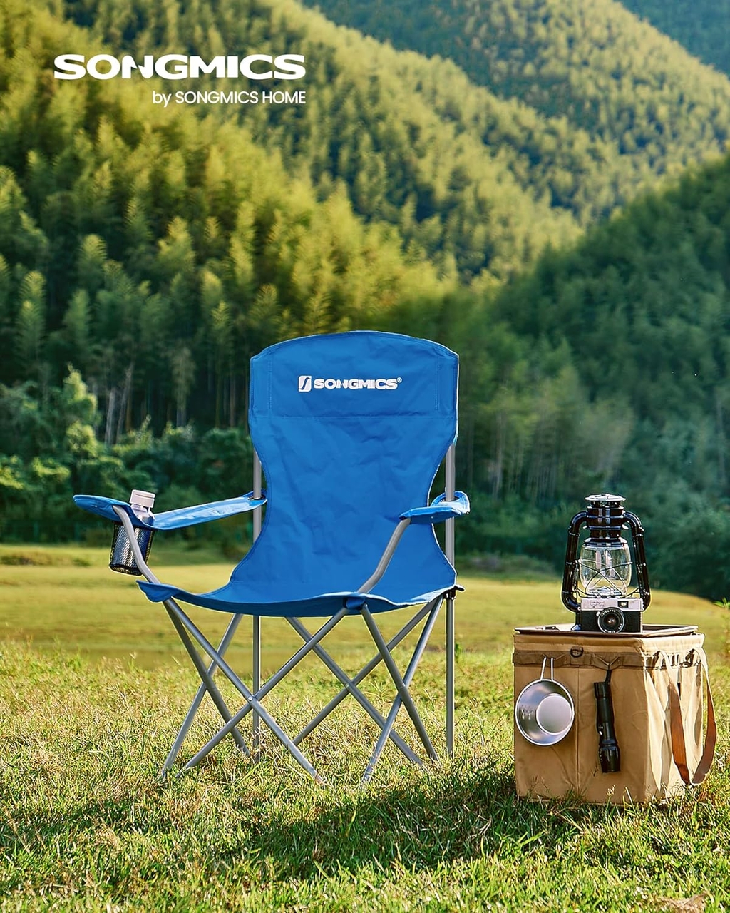 Set 2 scaune pliabile pentru camping, Songmics, 76x51.5x95.5 cm, max 150 kg, tesatura Oxford/otel, albastru