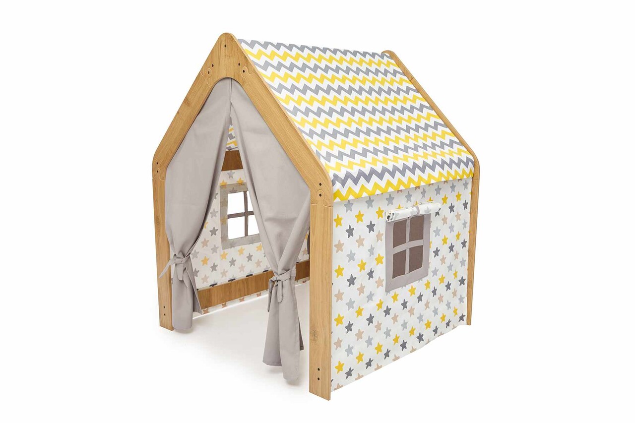 Cort de joaca pentru copii, Hanah Home, Wooden Tent, 95x114x90 cm, Natural / Alb / Galben - view 2