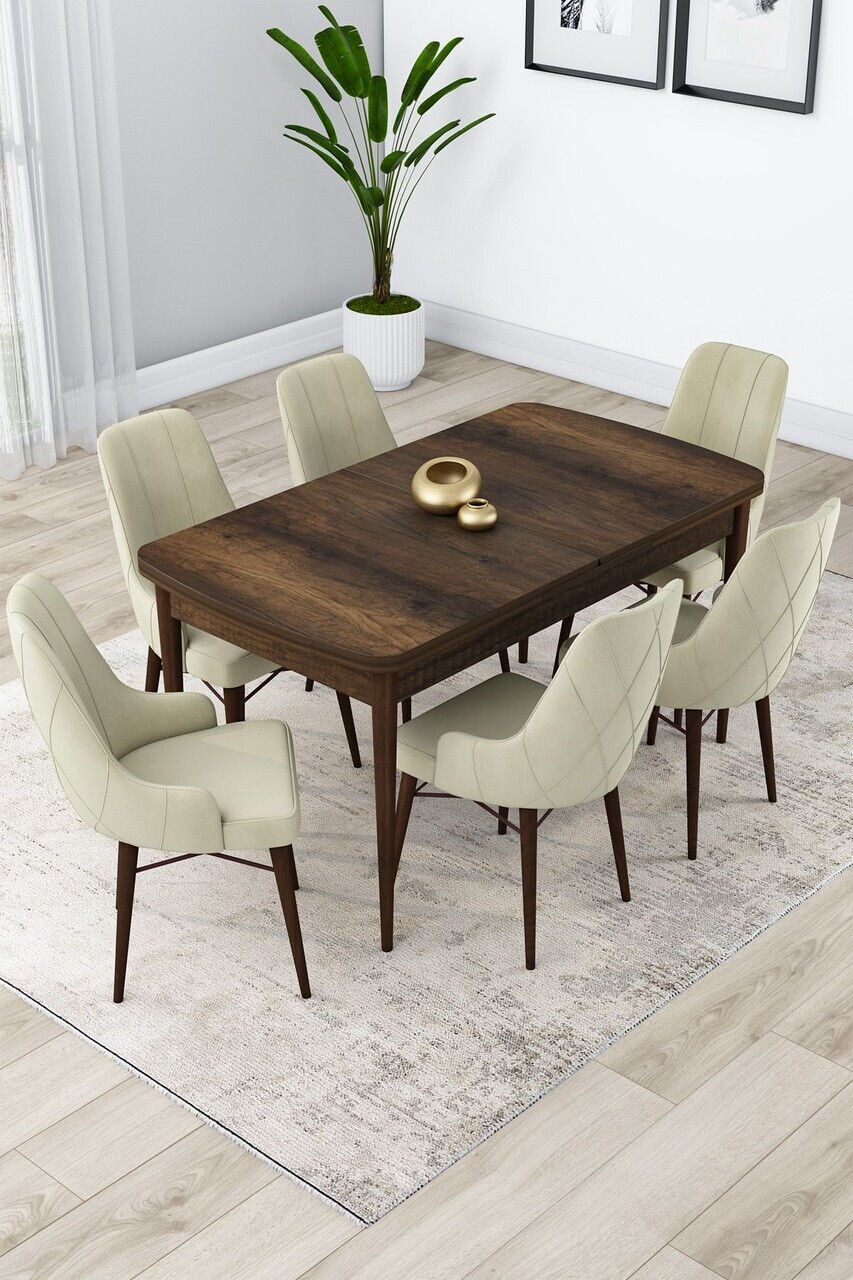 Set masa extensibila si scaune (7 piese), Hanah Home, Lia, Model baroc din lemn / Crem