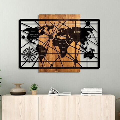 Decoratiune de perete, World Map 6-L, Dimensiuni: 70 x 96 cm, Nuc / Negru