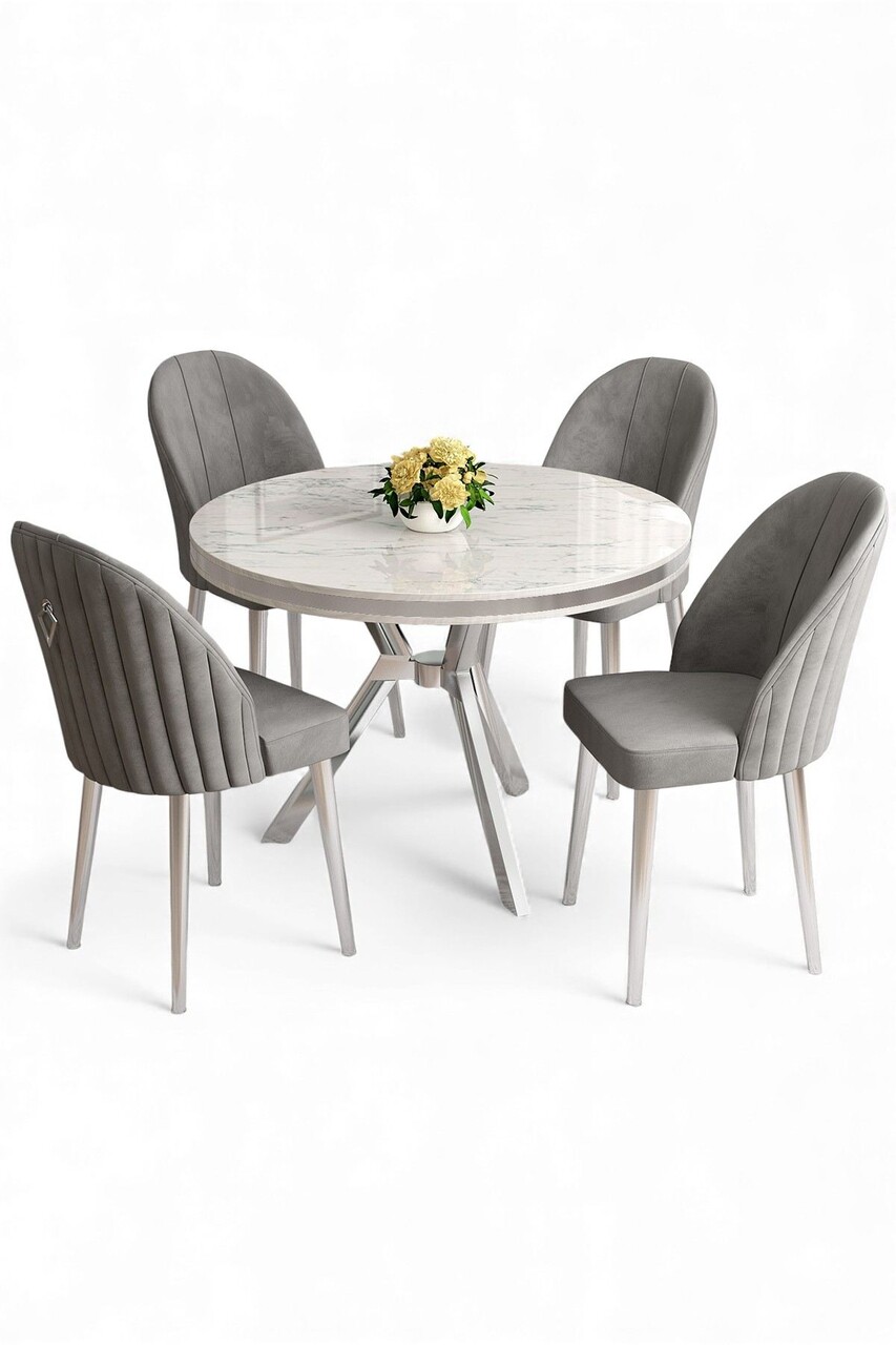 Set masă și scaune (5 bucăți), Hanah Home, Mos, Marmură albă / Crom / Gri - view 2