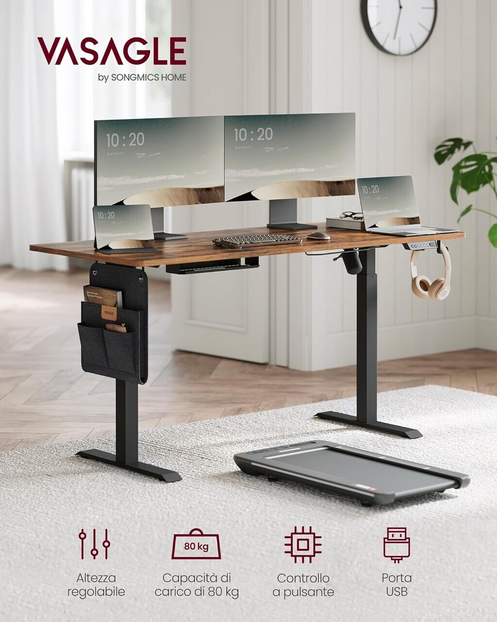 Birou electric reglabil pe inaltime, Vasagle, 140x60x72-120 cm, tesatura Oxford/PAL/otel, maro - imagine 8