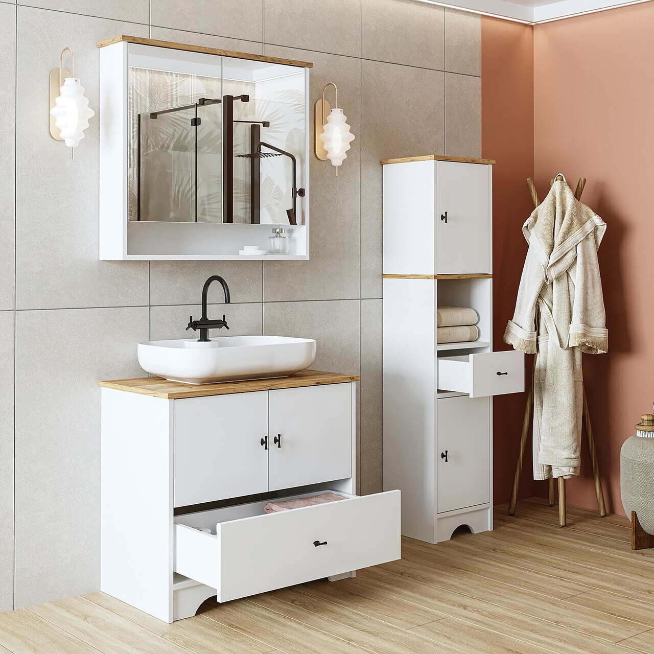 Set Dulap de Baie cu Chiuvetă și Oglindă (3 Piese), Hanah Home, 2394, MDF-LAM, Alb mat — imaginea 3