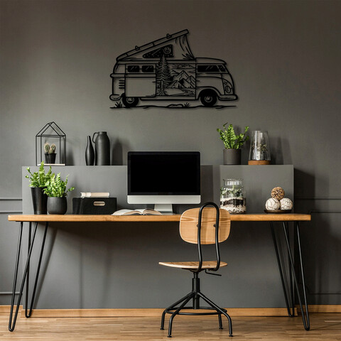 Decoratiune de perete, caravan, metal, 90 x 55 cm, negru