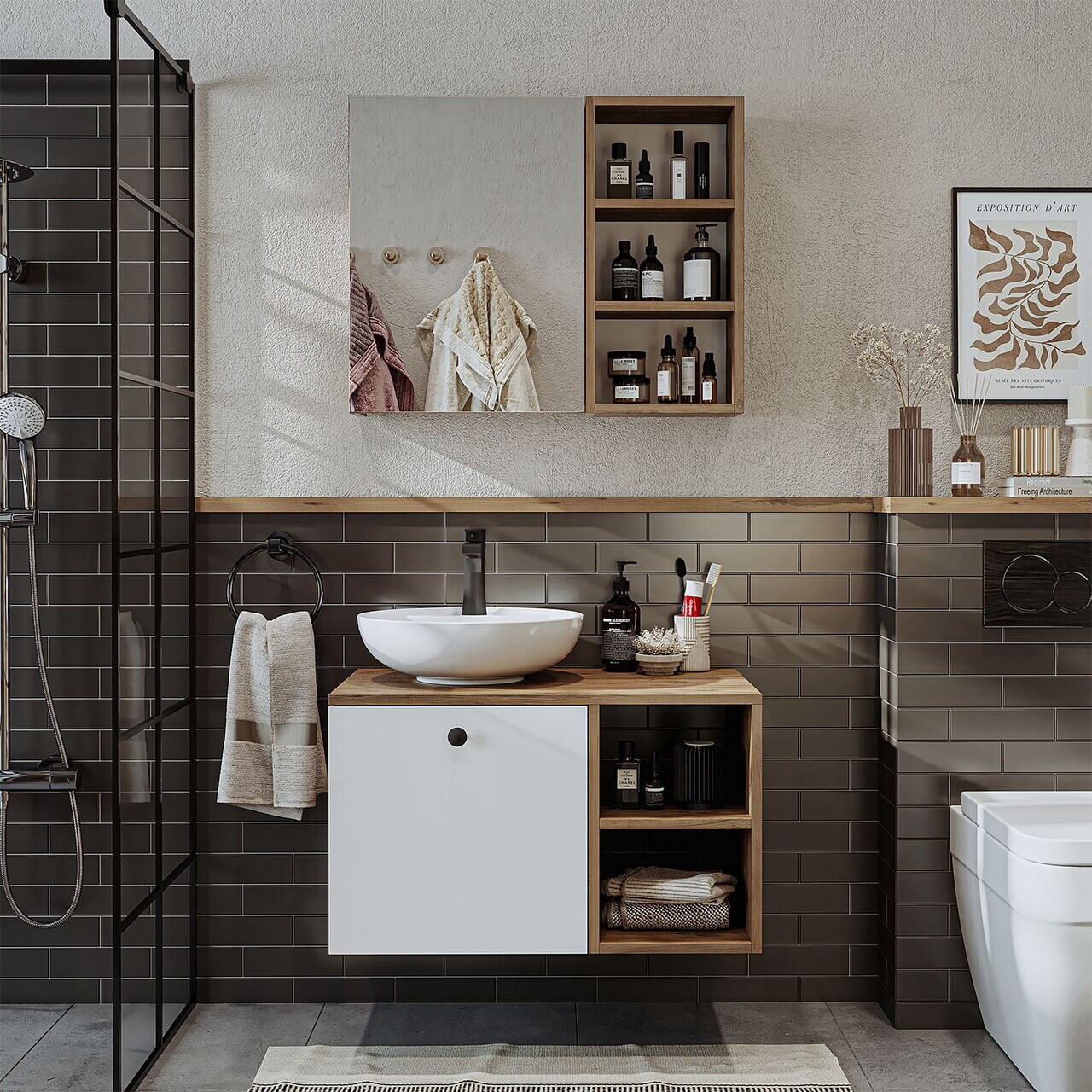 Set Dulap de Baie cu Chiuvetă și Oglindă (2 Piese), Hanah Home, 2478, MDF, Pin Atlantic / Alb — imaginea 3