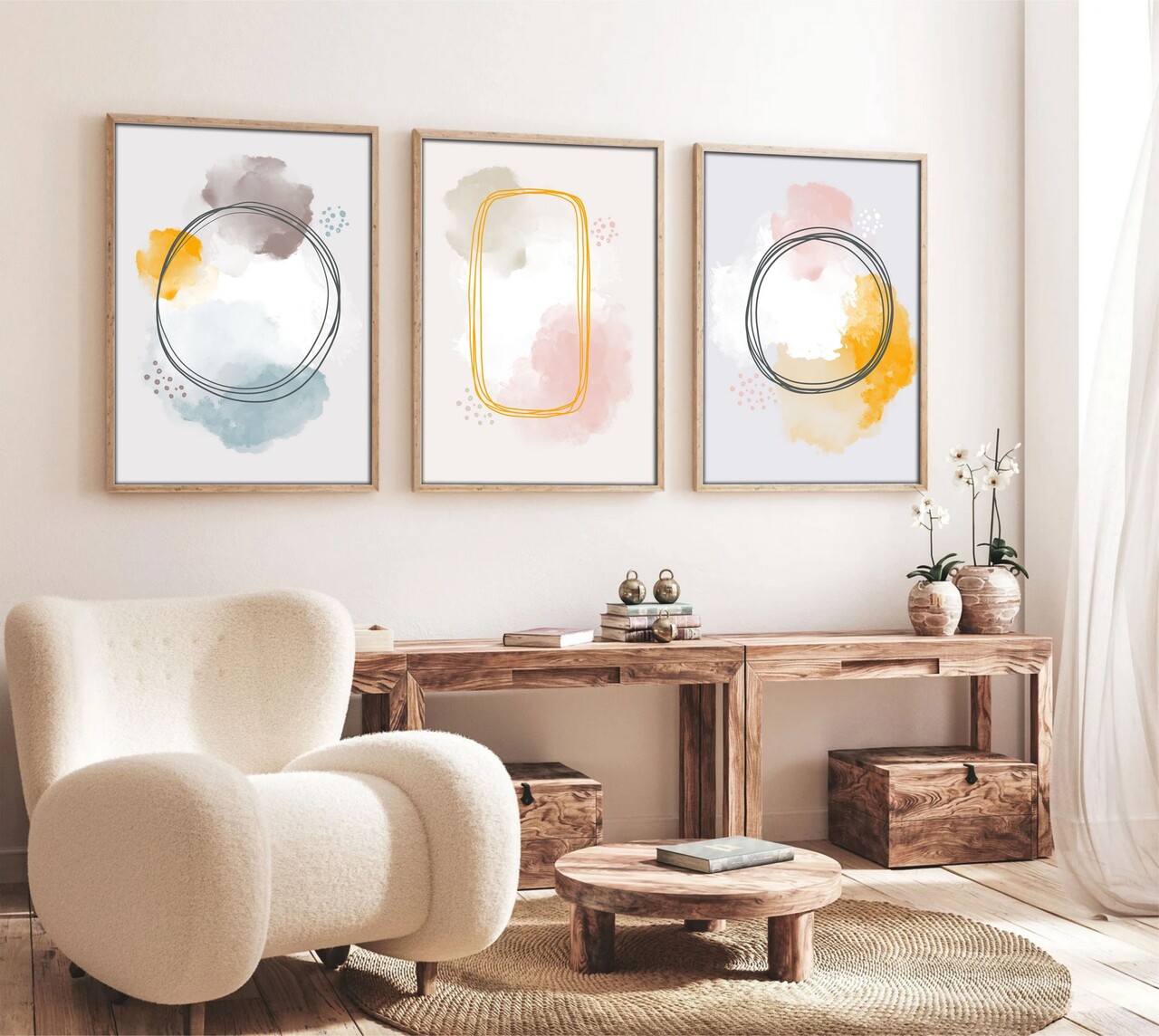 Set 3 tablouri decorative Huhu125 Cadru: 100% LEMN MASIV (Grosime: 25 cm) Multicolor