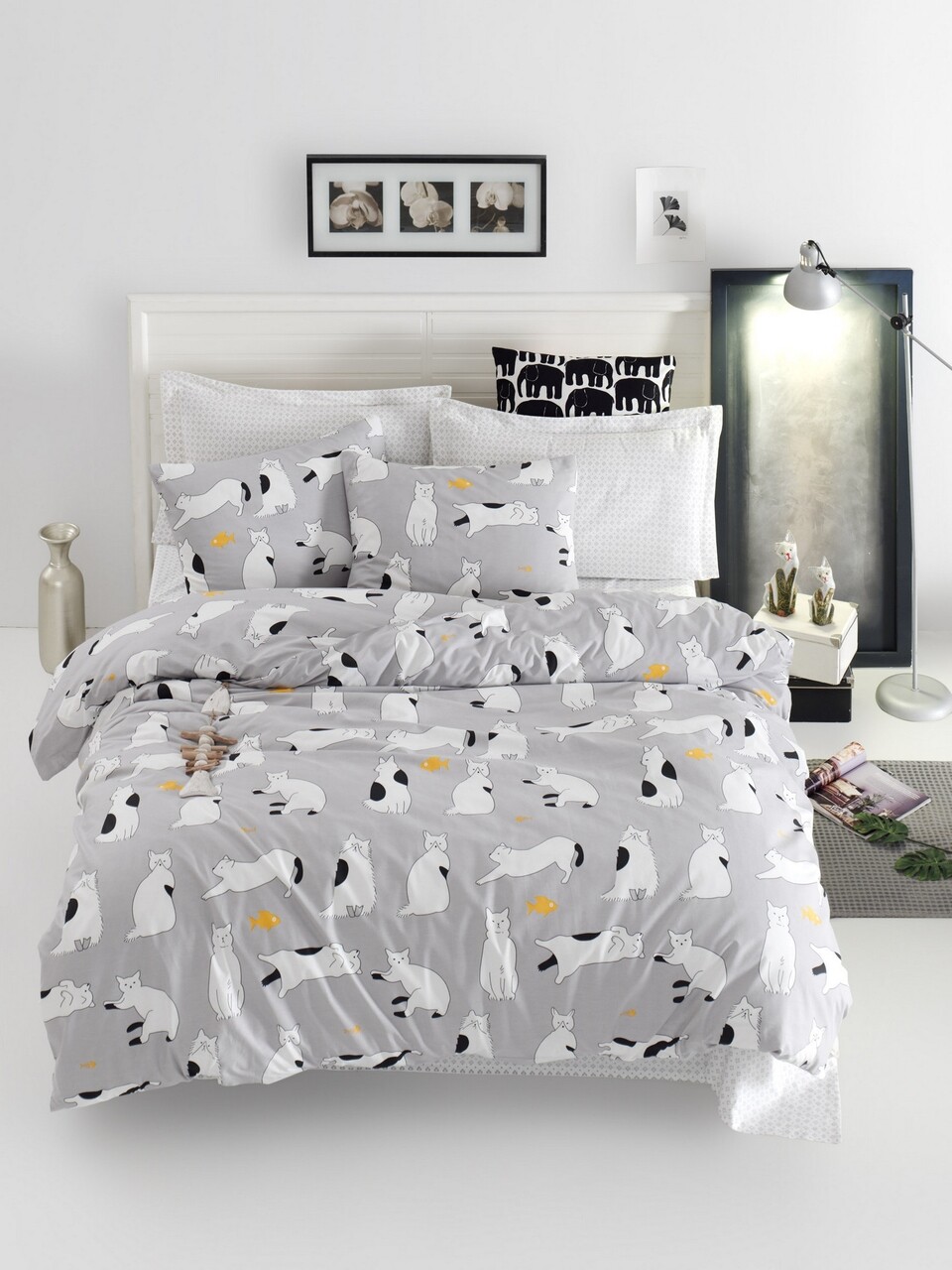 Lenjerie de pat dubla King Size, EnLora Home, Liana Grey, 4 piese, 100%