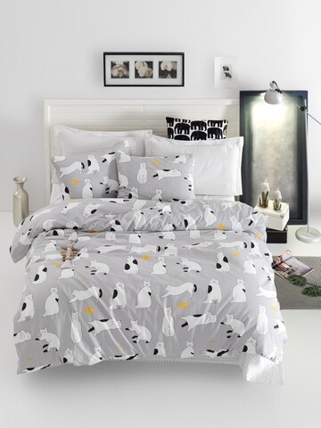 Lenjerie de pat dubla King Size, EnLora Home, Liana Grey, 4 piese, 100% bumbac ranforce, multicolor EnLora Home