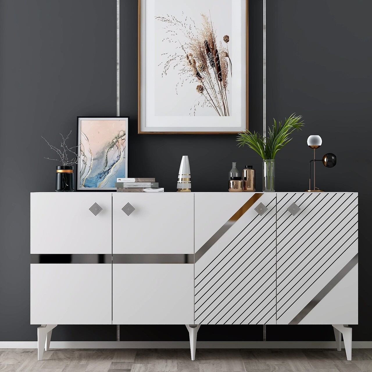Consola, Olivia, Iris, 150x40x79 cm, PAL , Alb / Argintiu - 1 | YEO