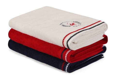 Set 3 prosoape de baie 408, beverly hills polo club, 70x140 cm, bumbac, alb/albastru inchis/rosu