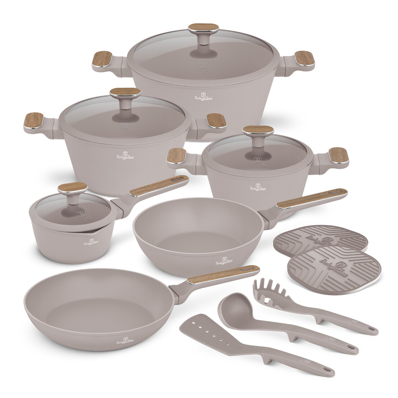 Set pentru gatit Berlinger Haus, Taupe Nordic, 15 piese, aluminiu forjat, taupe mat/natur - imagine 9