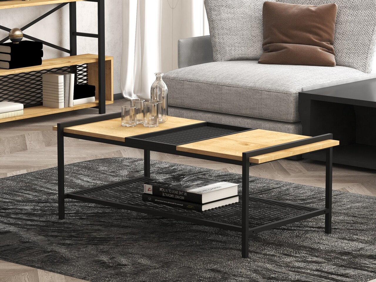 Masuta de cafea, Puqa Design, Mata, 120x45x56 cm, PAL, Nuc / Negru - 1 | YEO