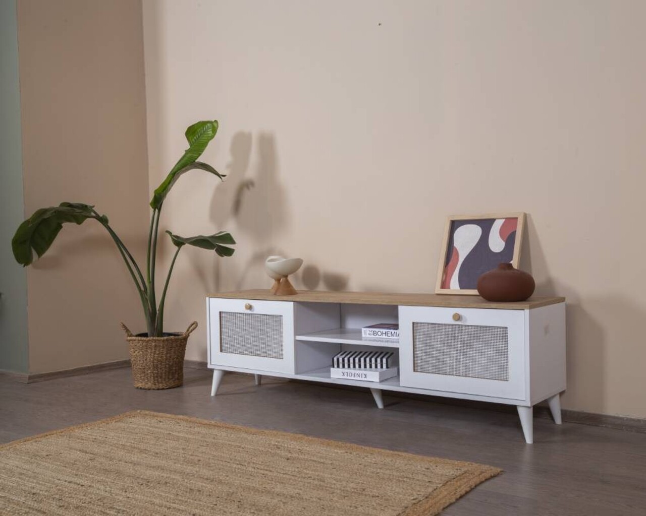 Comoda TV, Wolina, Calvin, 55x180x41 cm, Stejar alb - 1 | YEO