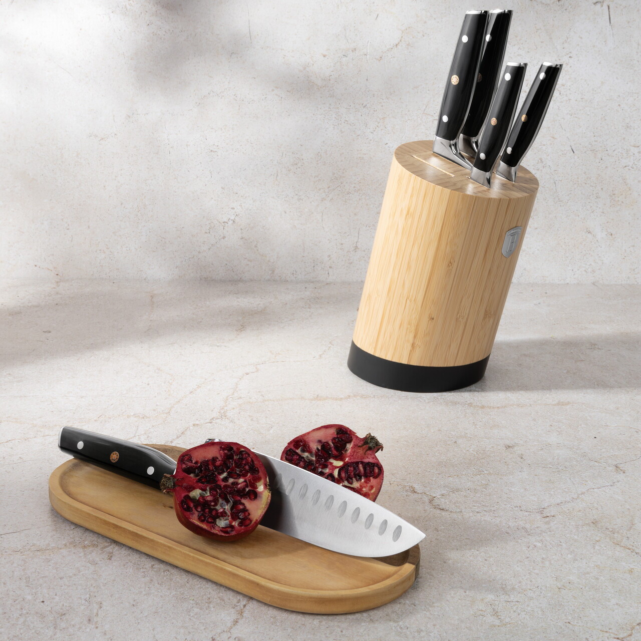 Set 5 cutite cu suport Berlinger Haus, Matte Black, inox/bambus, negru/natur - imagine 2