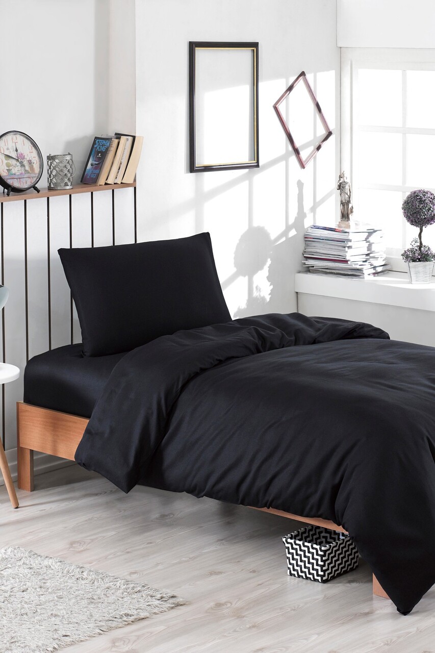 Lenjerie de pat dubla 3 piese, Duz Boya - Black, EnLora Home, 65% bumbac/35% poliester