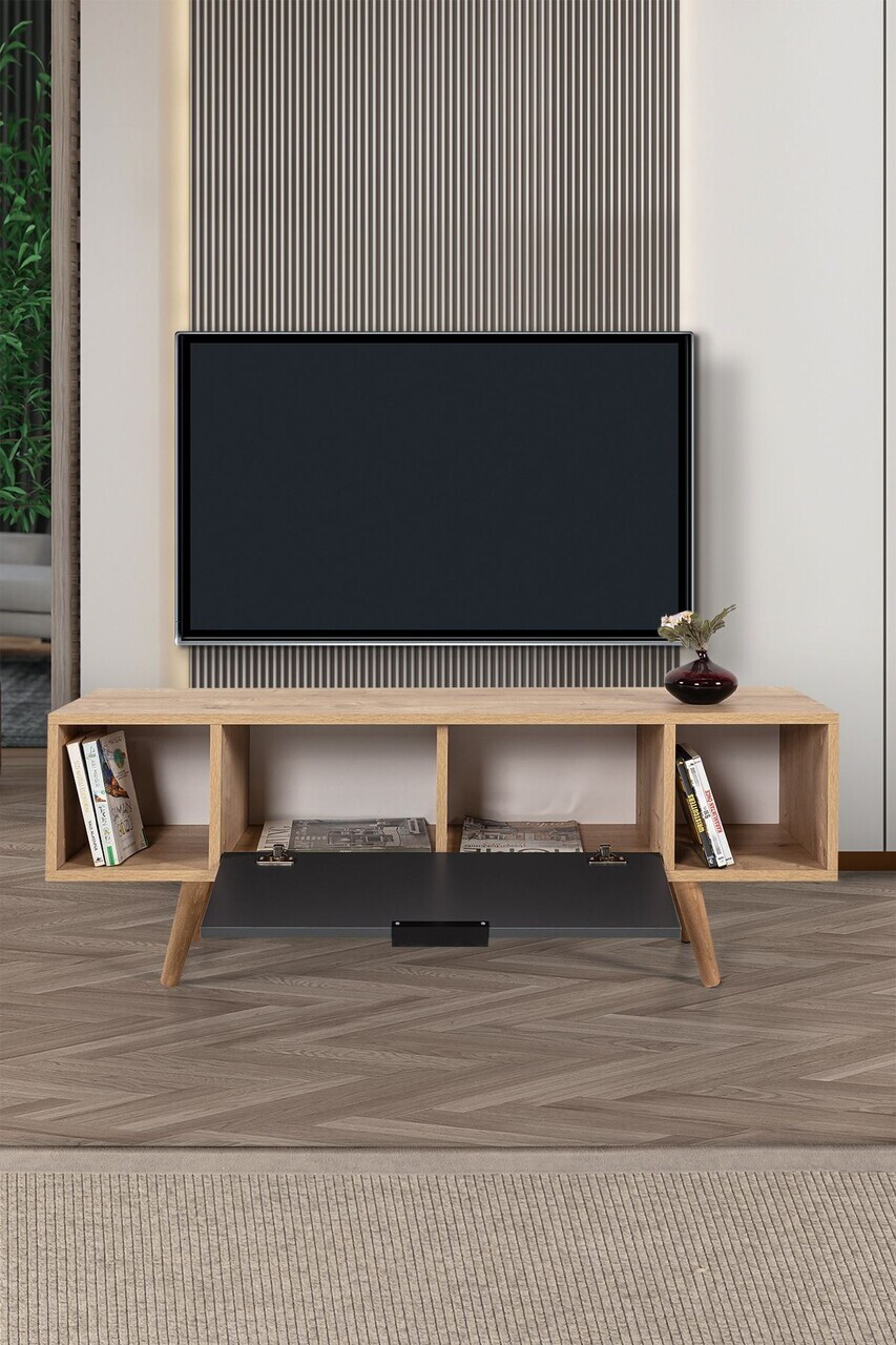 Comoda TV, Hanah Home, Mesir 3324, 130x47x35 cm, PAL, Stejar safir / Antracit — imaginea 2