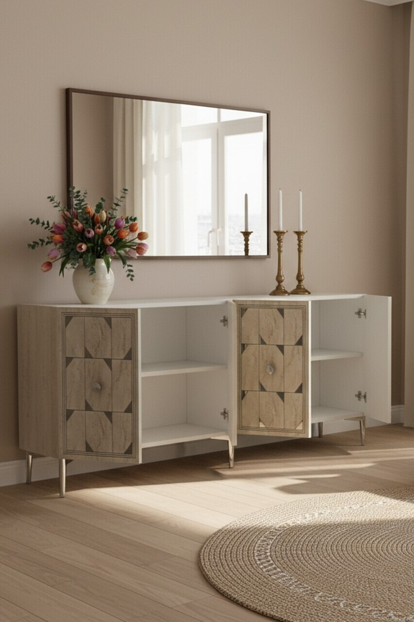 Consola, Hanah Home, Moka 150, 150x75x32 cm, White / Travertine / Silver — imaginea 3
