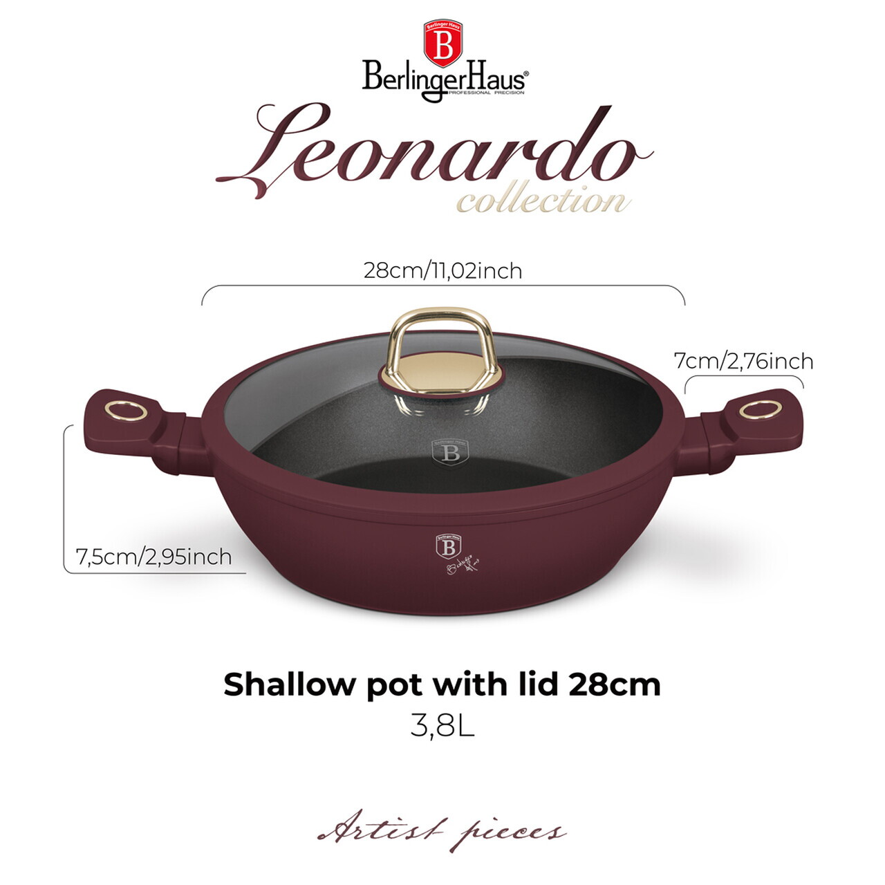Oala cu capac Berlinger Haus, Leonardo, 28 cm, 3.8 L, aluminiu forjat, visiniu mat - imagine 6