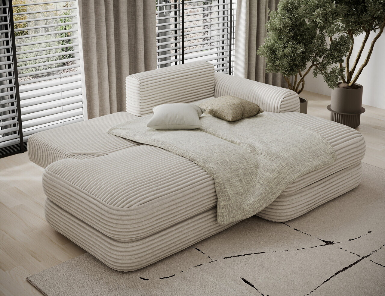 Coltar extensibil dreapta 3 locuri ELTAP, Ripeli, 217x175x96 cm, lemn/catifea din poliester, bej deschis — imaginea 6