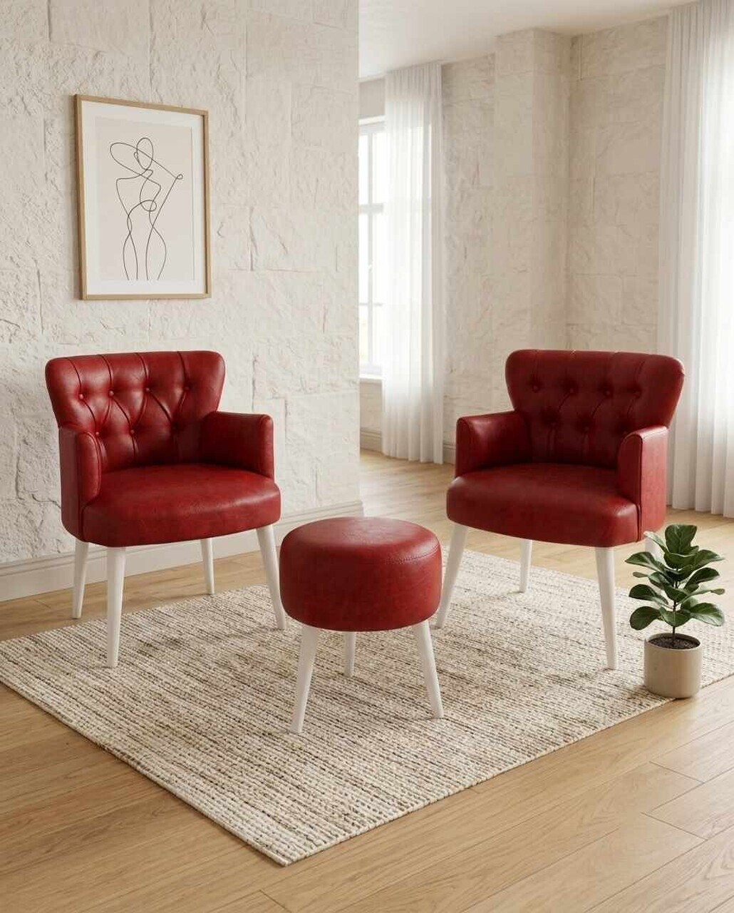 Set fotoliu cu aripioare și puf (3 piese), Atelier del Sofa, 281ELR1199, Rosu