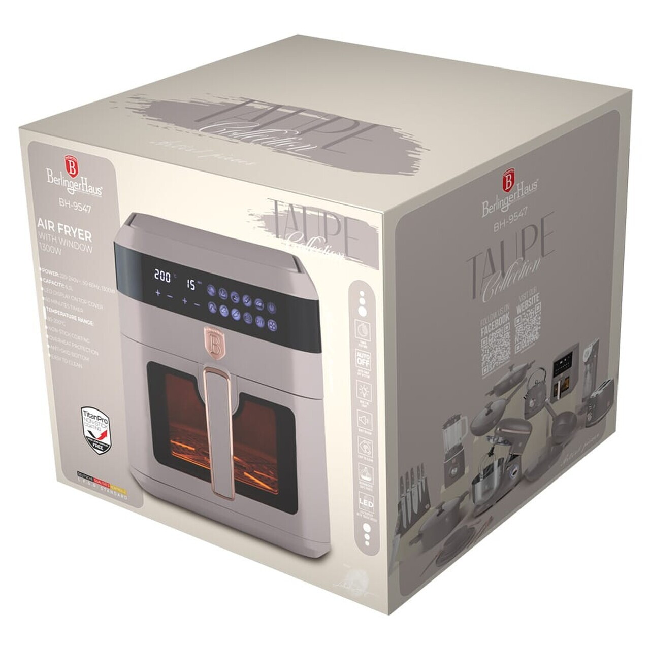 Friteuza cu aer cald si fereastra Berlinger Haus, Taupe, 6.3 L, 1300W, taupe mat - imagine 3