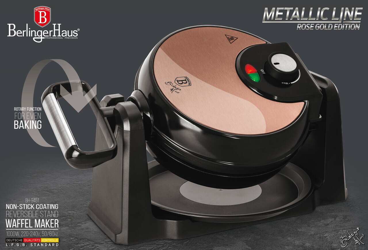 Aparat rotativ pentru vafe cu suport Berlinger Haus, Rose Gold, 1000W, 20.32 cm, roz/negru - imagine 7
