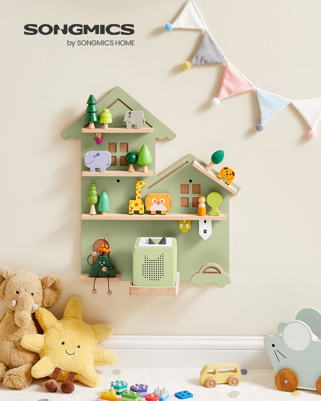 Raft de perete pentru boxa Toniebox cu 35 figurine copii, Vasagle, 55.8x18x59.7 cm, MDF/otel/lemn de fag, verde