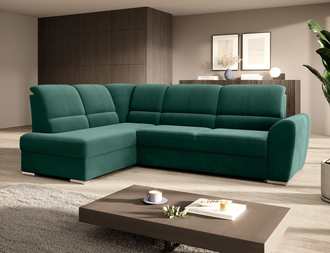 Coltar extensibil stanga 3 locuri ELTAP, LT-35LU, Siber, 270x186x93 cm, lemn/poliester, verde inchis - 1 | YEO