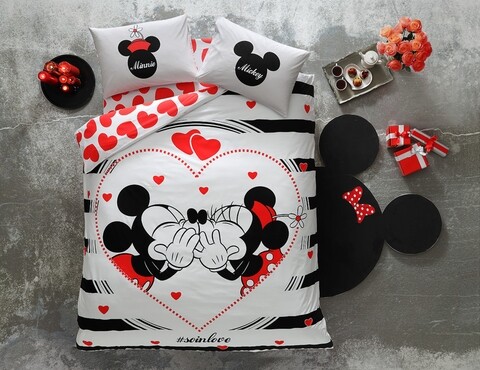 Lenjerie de pat dubla, Tac, Minnie & Mickey Amour, 4 piese, 100% bumbac, multicolor