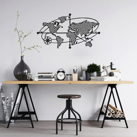 Decoratiune de perete, world map 1, metal, 70 x 39 cm, negru
