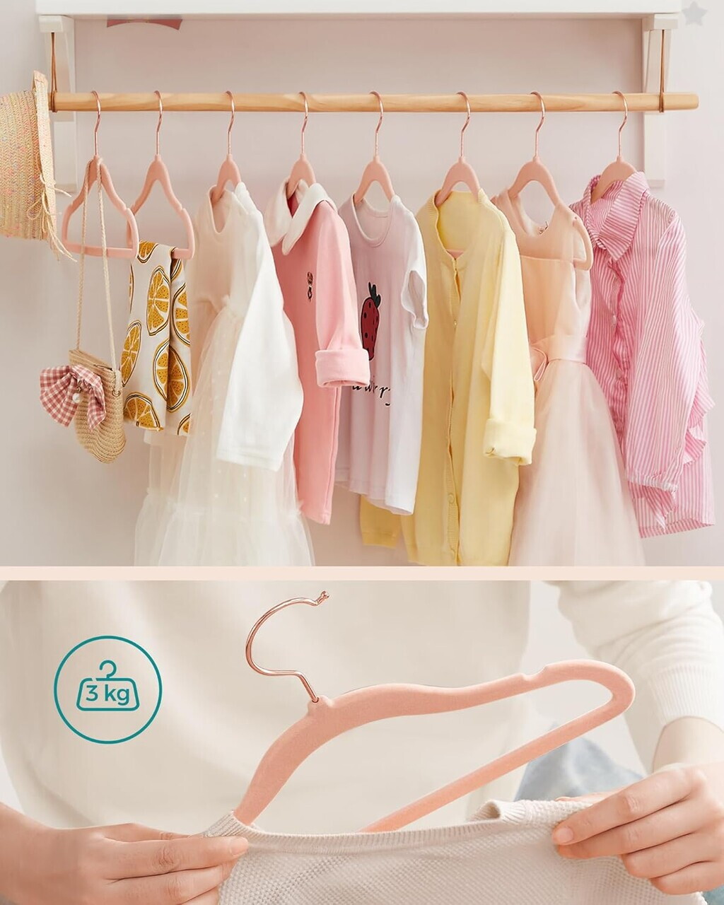 Set 50 umerase copii catifelate, Songmics, antialunecare, max 3 kg, roz deschis/carlige rose gold - imagine 3