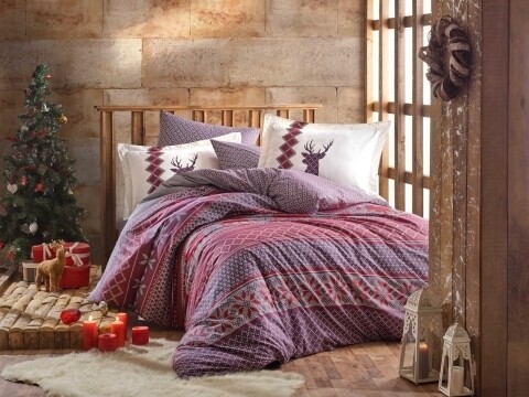 Lenjerie de pat dubla, 4 piese, 100% bumbac poplin, Hobby, Clarinda Claret, rosu