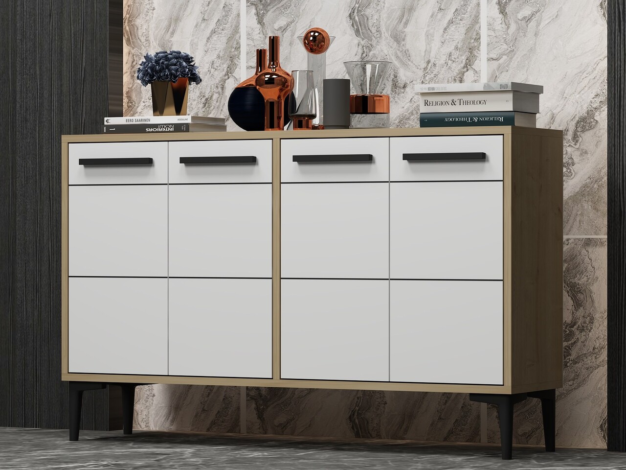 Comoda TV, Odessa, Stria, 120x30x75 cm, PAL, Stejar Safir / Alb - 2 | YEO