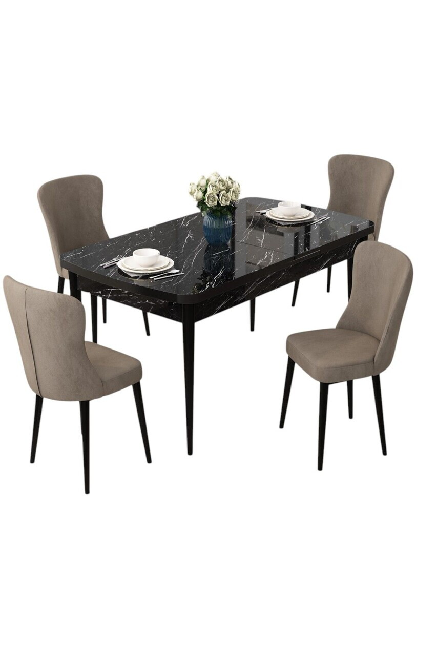 Set masa extensibila si scaune (5 piese), Hanah Home, Due, Model de marmură neagră / Cappuccino — imaginea 2