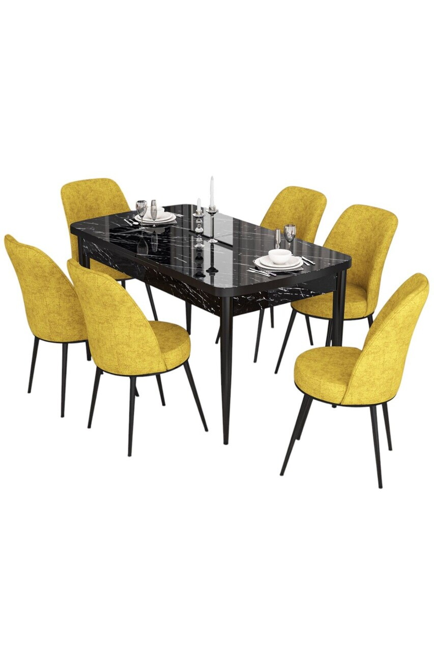Set masa extensibila si scaune (7 piese), Hanah Home, Via, Model de marmură neagră / Muștar — imaginea 2