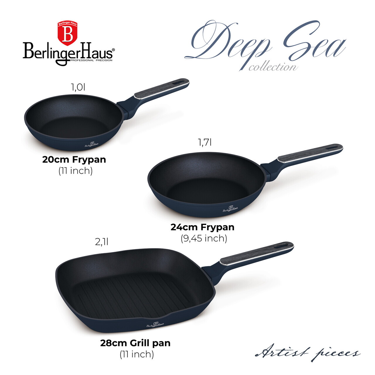 Set 3 tigai Berlinger Haus, Deep Sea, 20/24/28 cm, aluminiu forjat, albastru mat/gri - imagine 8