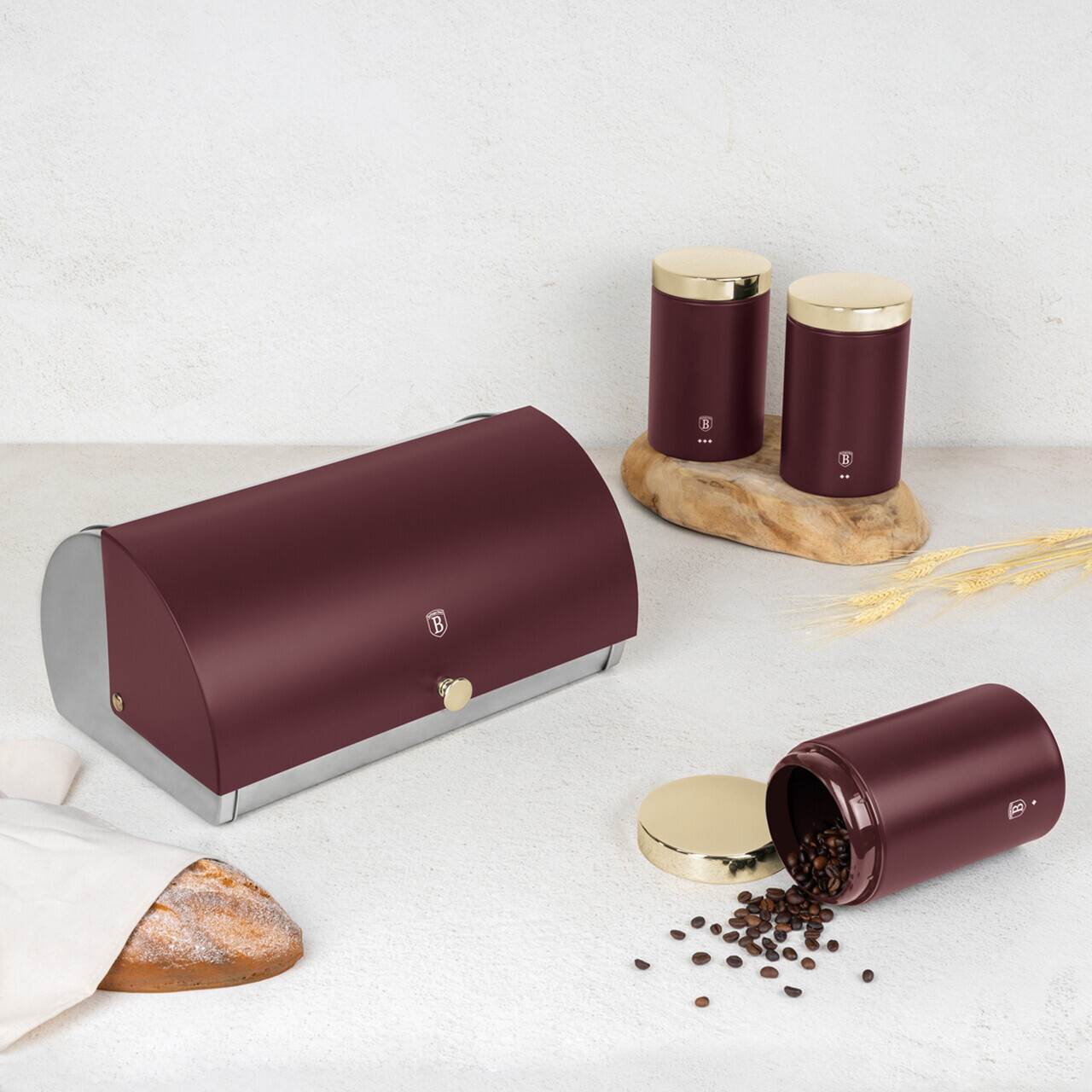 Set cutie pentru paine si 3 recipiente Berlinger Haus, Leonardo, 38.5x28x18.5 cm, inox, visiniu - imagine 7