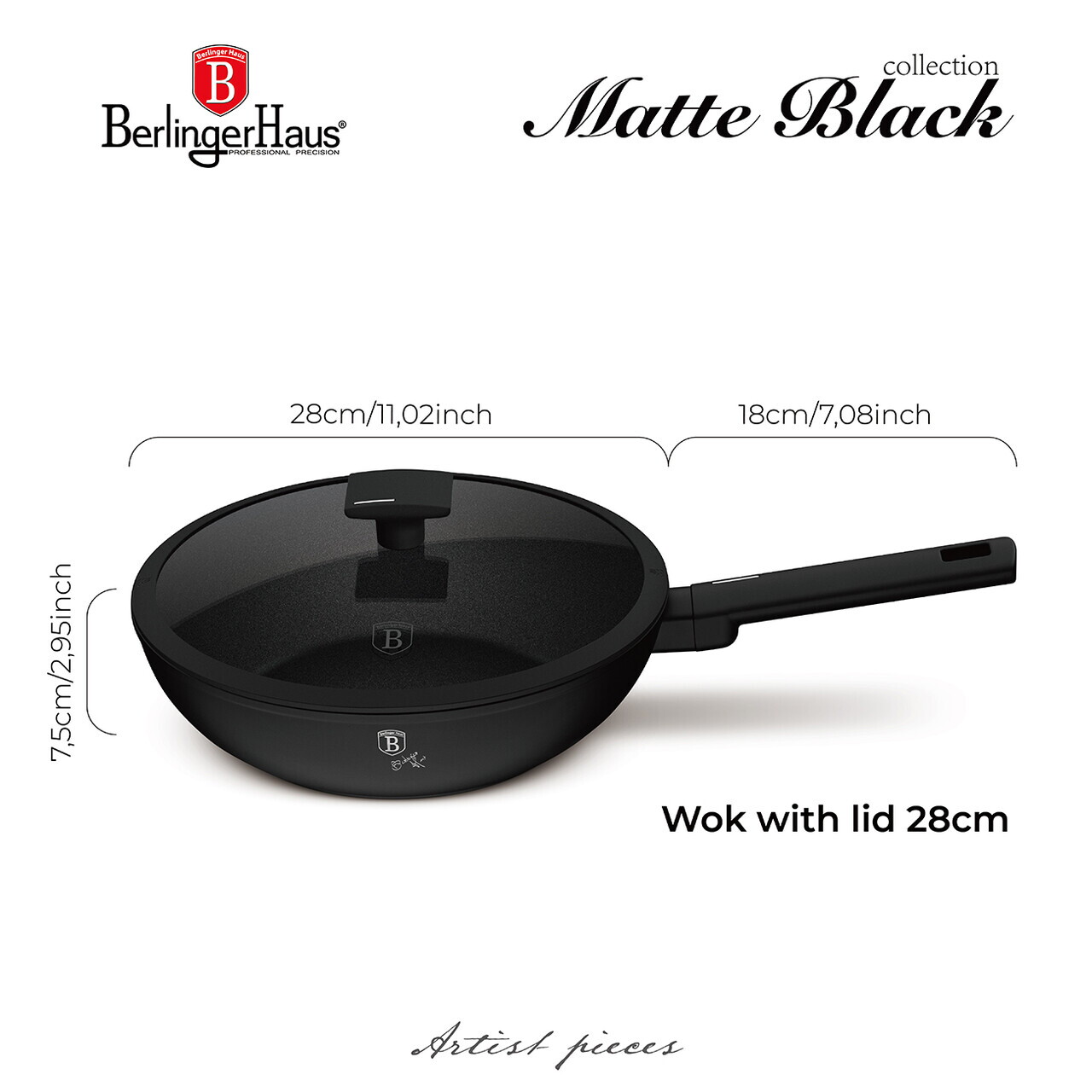 Tigaie Wok cu capac Berlinger Haus, Matte Black, 28 cm, 3.2 L, aluminiu forjat, negru - imagine 7