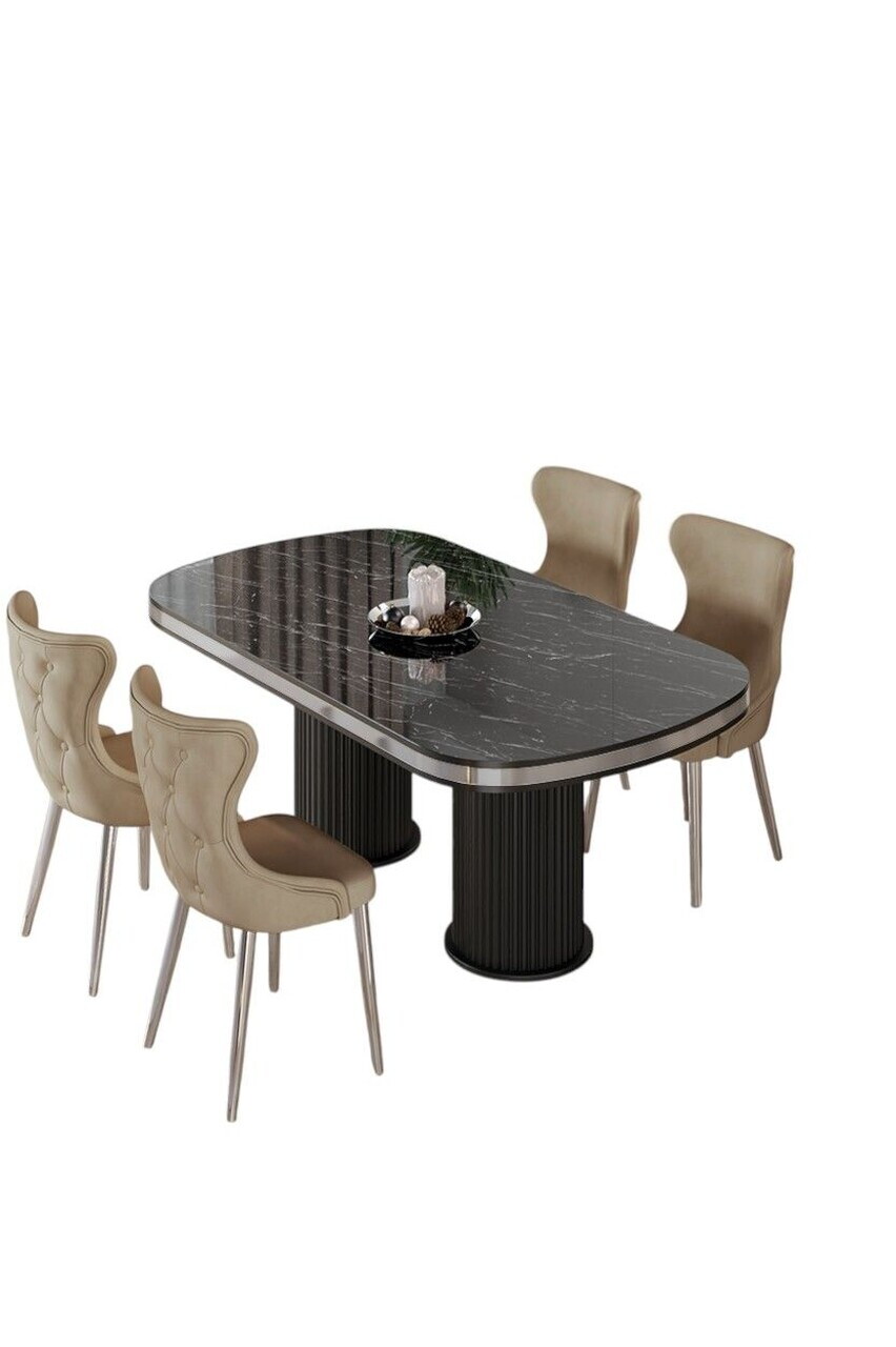 Set masa si scaune (5 piese), Hanah Home, Galya, Model de marmură neagră / Crom / Cappuccino — imaginea 2