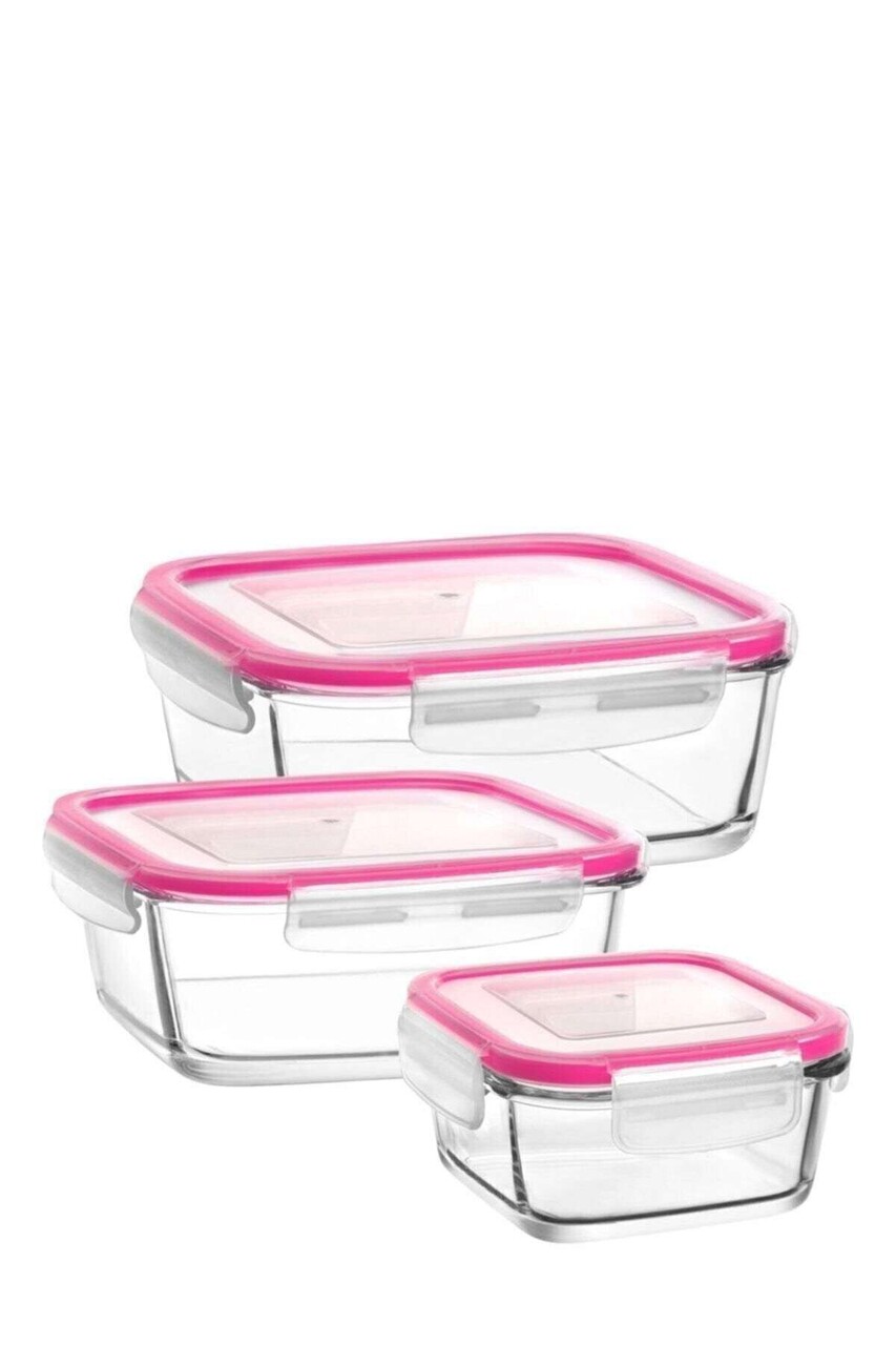 Set cutie de depozitare din sticla, Hermia, 990LAV1803, Dimensiuni cutie medie de depozitare: 14,2 x 14,2 x 5,9 cm / 720 ml (1 bucată), Roz - imagine 3