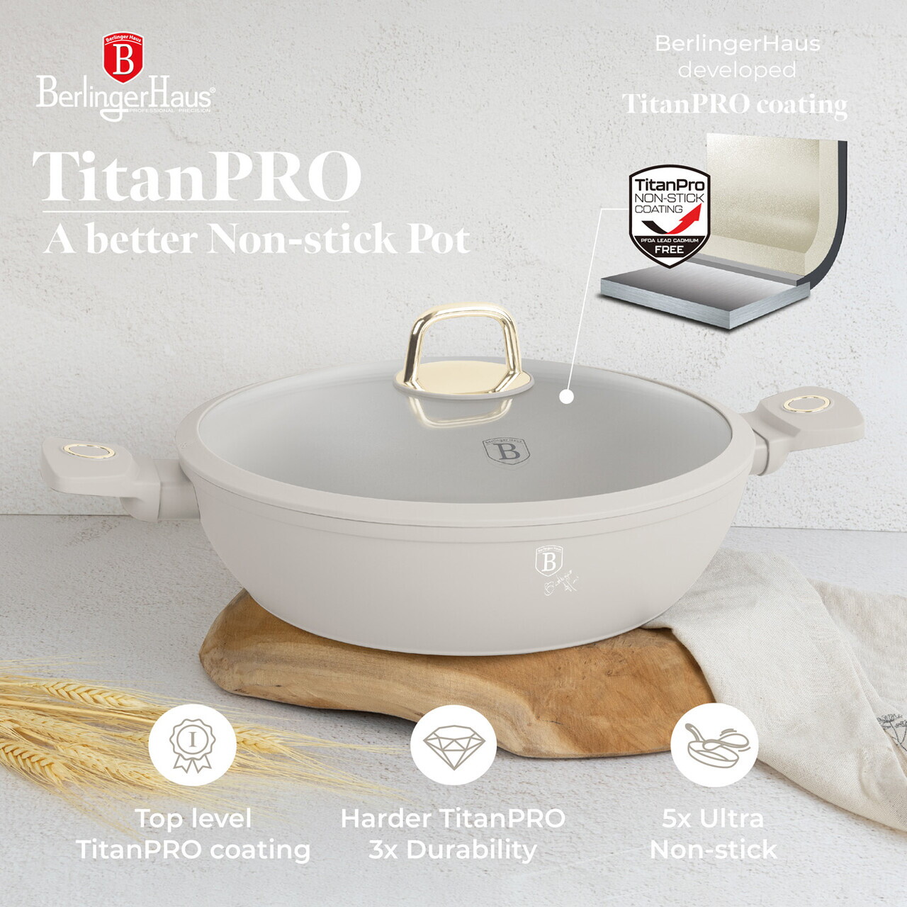 Oala cu capac Berlinger Haus, Sahara, 30 cm, 4.5 L, aluminiu forjat, crem mat - imagine 14