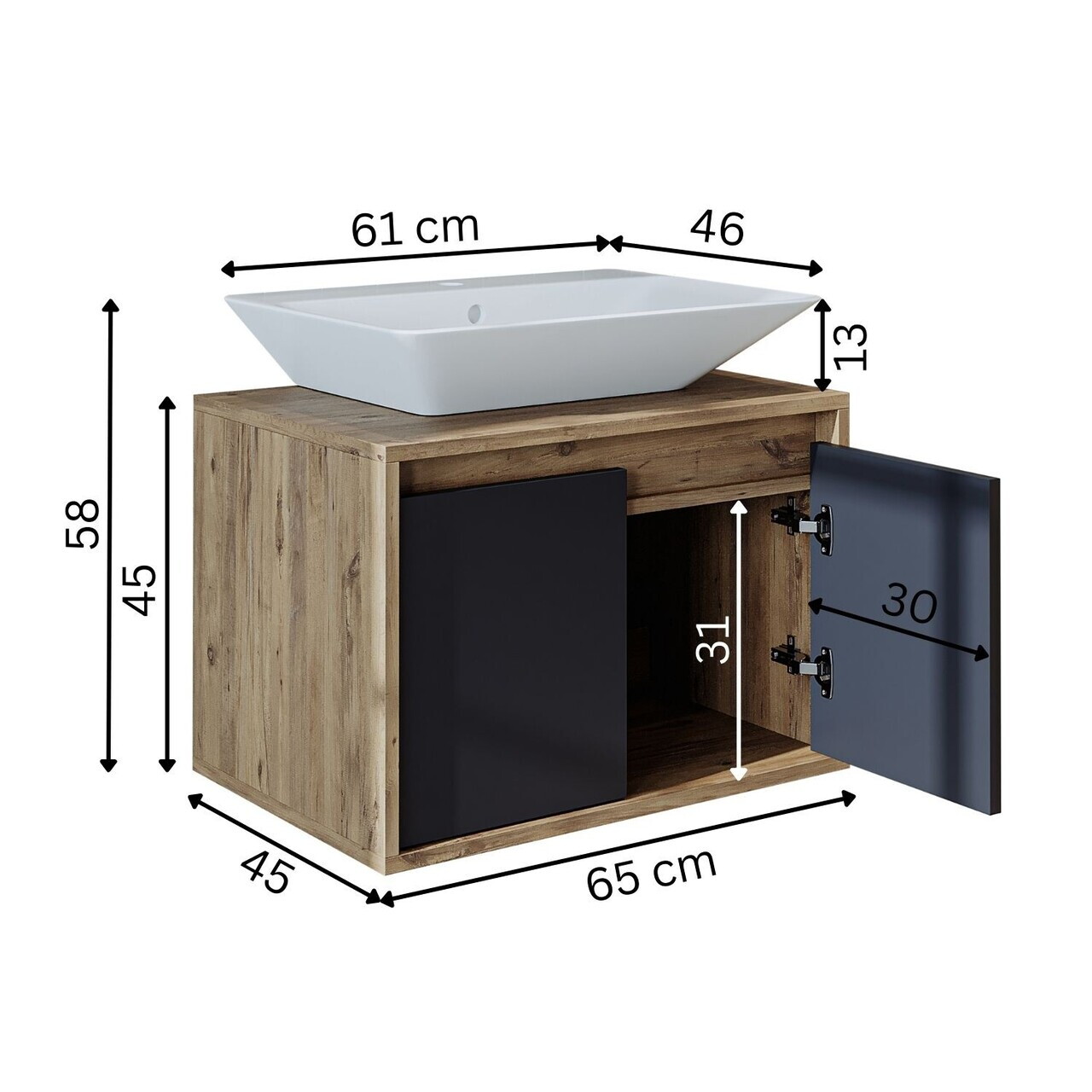 Dulap de baie cu chiuvetă, Hanah Home, 1707, 65x58x45 cm, MDF-LAM, Pin Atlantic / Antracit — imaginea 7