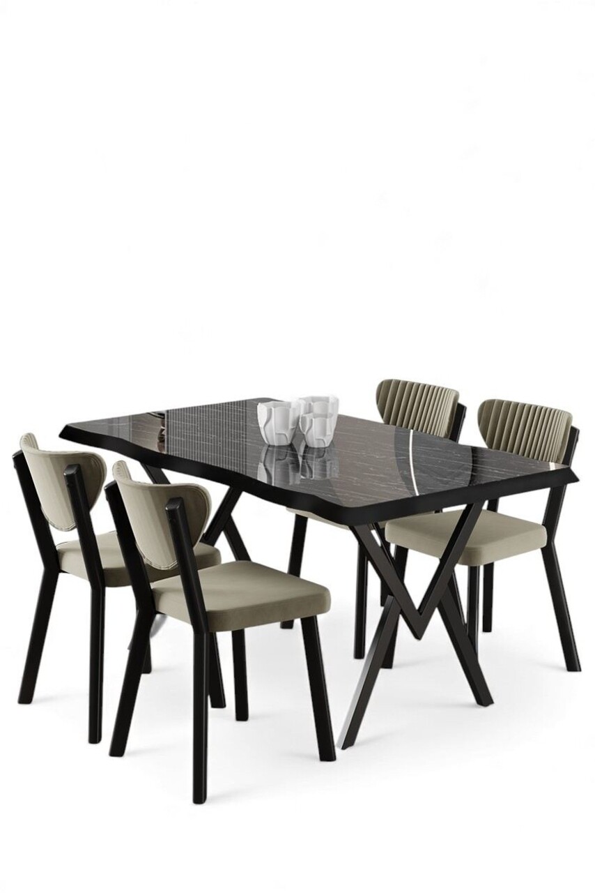 Set masă și scaune (5 bucăți), Hanah Home, Akort, Marmură neagră / Crem - view 2