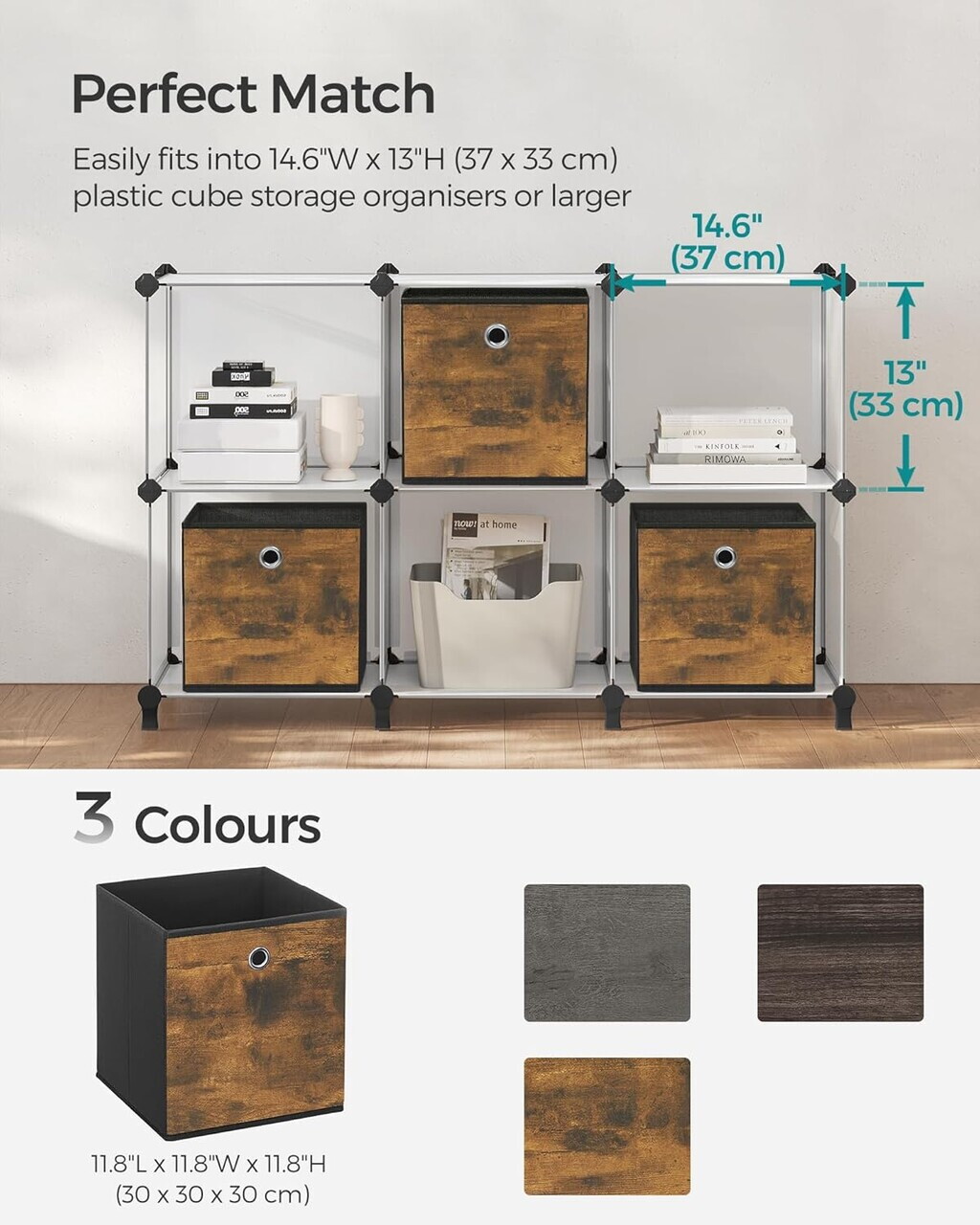 Set 6 cutii de depozitare pliabile, Songmics, 30x30x30 cm, material Oxford/carton, maro rustic - view 6