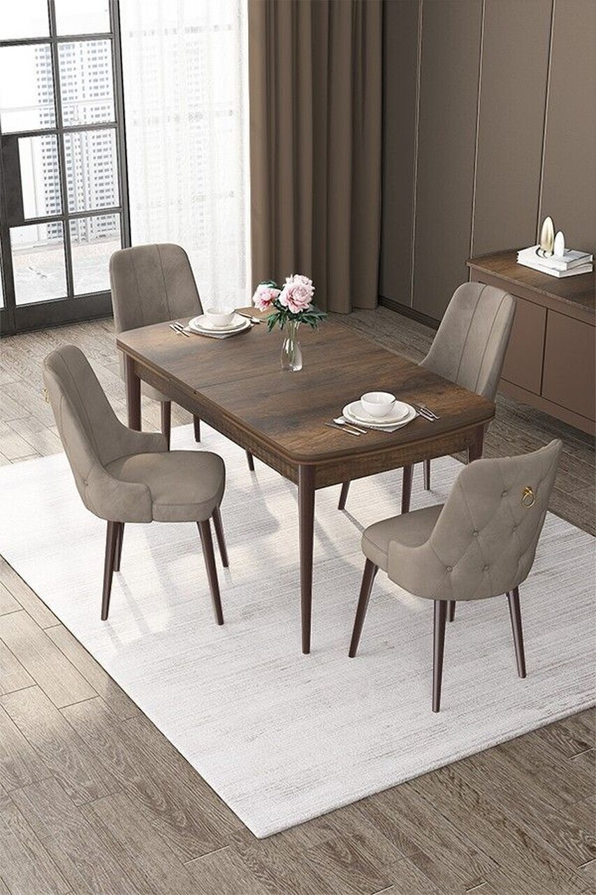 Set masa extensibila si scaune (5 piese), Hanah Home, Nex, Model baroc din lemn / Cappuccino
