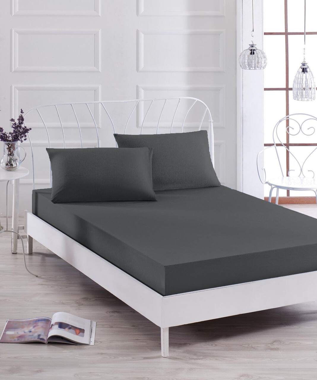 Set de pat pentru o persoana (cearceaf cu elastic si perna) 2 piese, Düzboya - Black, EnLora Home, 50% bumbac / 50% poliester
