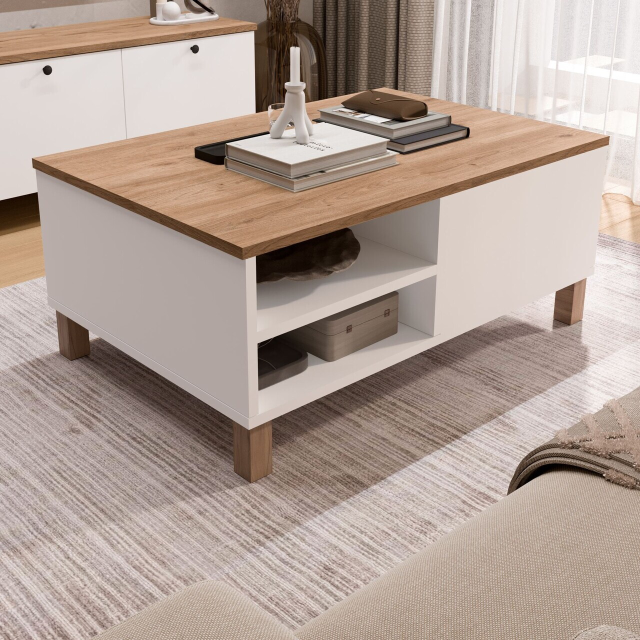 Masuta de cafea, Hanah Home, Nord, 90x38.6x60 cm, PAL, Alb / Stejar — imaginea 3